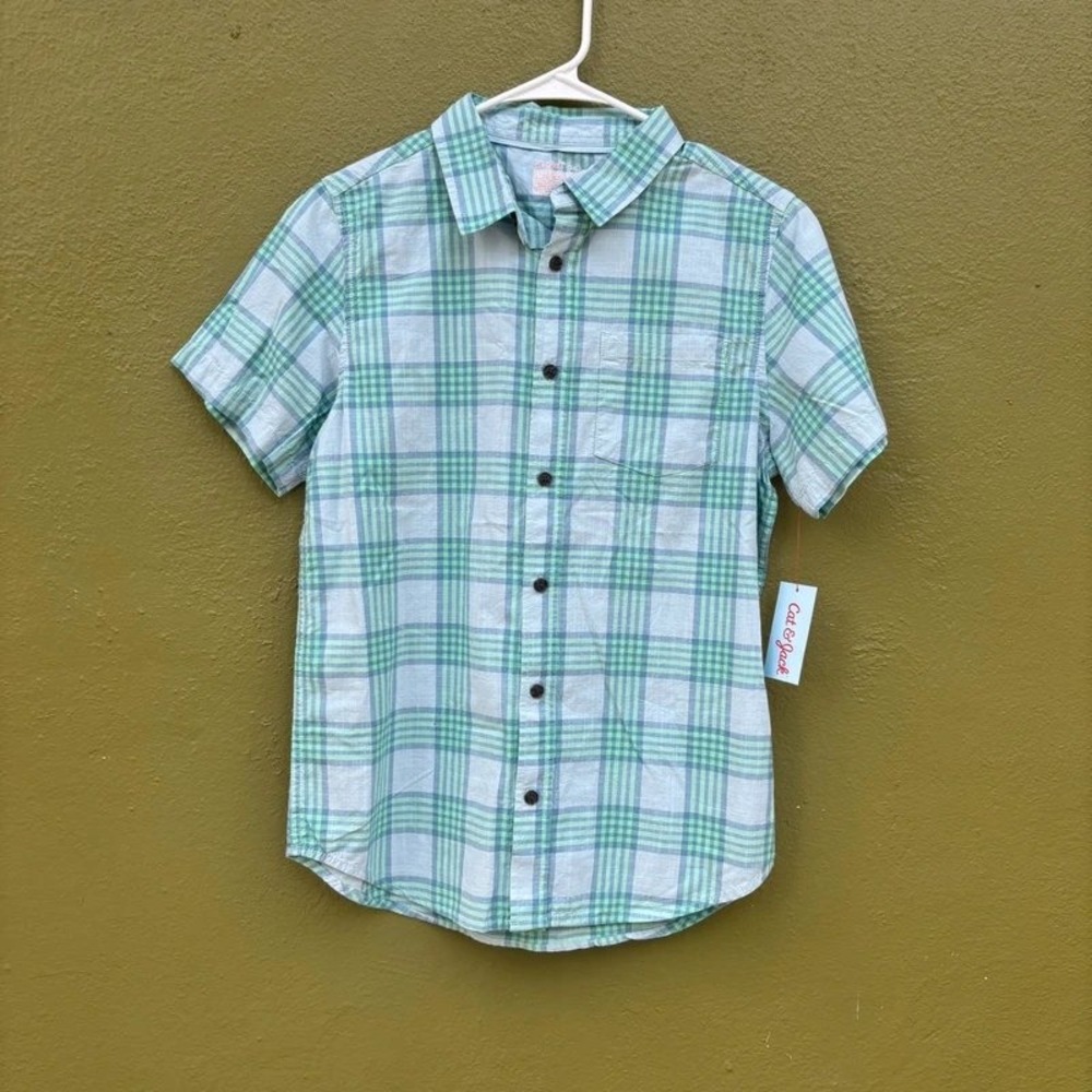 Plaid Button Up Shirt Boys L(10/12) Cat & Jack green and white Short sleeves